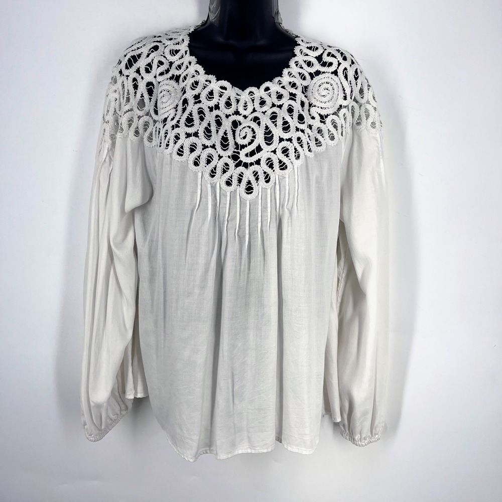 Johnny Was Jade White Modal Crochet Lace Yoke Blouse L19024-R Large Boho Top